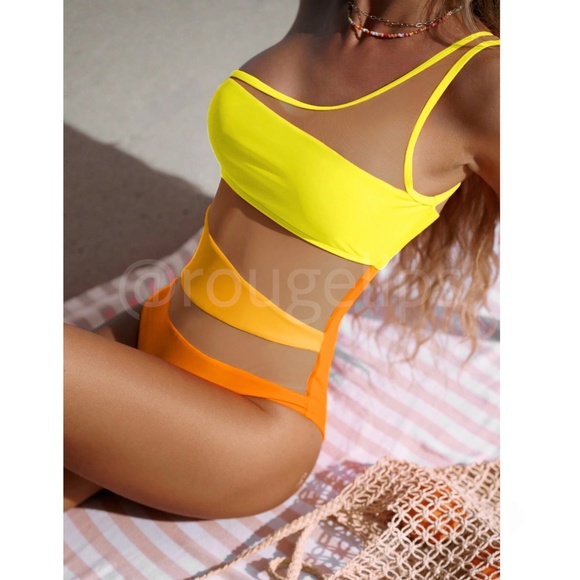 Yellow Orange Colorblock Mesh Insert One Piece Monokini Swimsuit - Picture 3 of 6